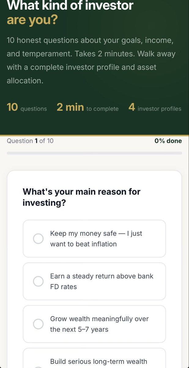 KandalKumar's tweet photo. Have you ever verified about your risk profile?

Try it here. Its free..
https://t.co/7zkwNm3Gj4

#risk-profile #investing https://t.co/cqOUJM1U97