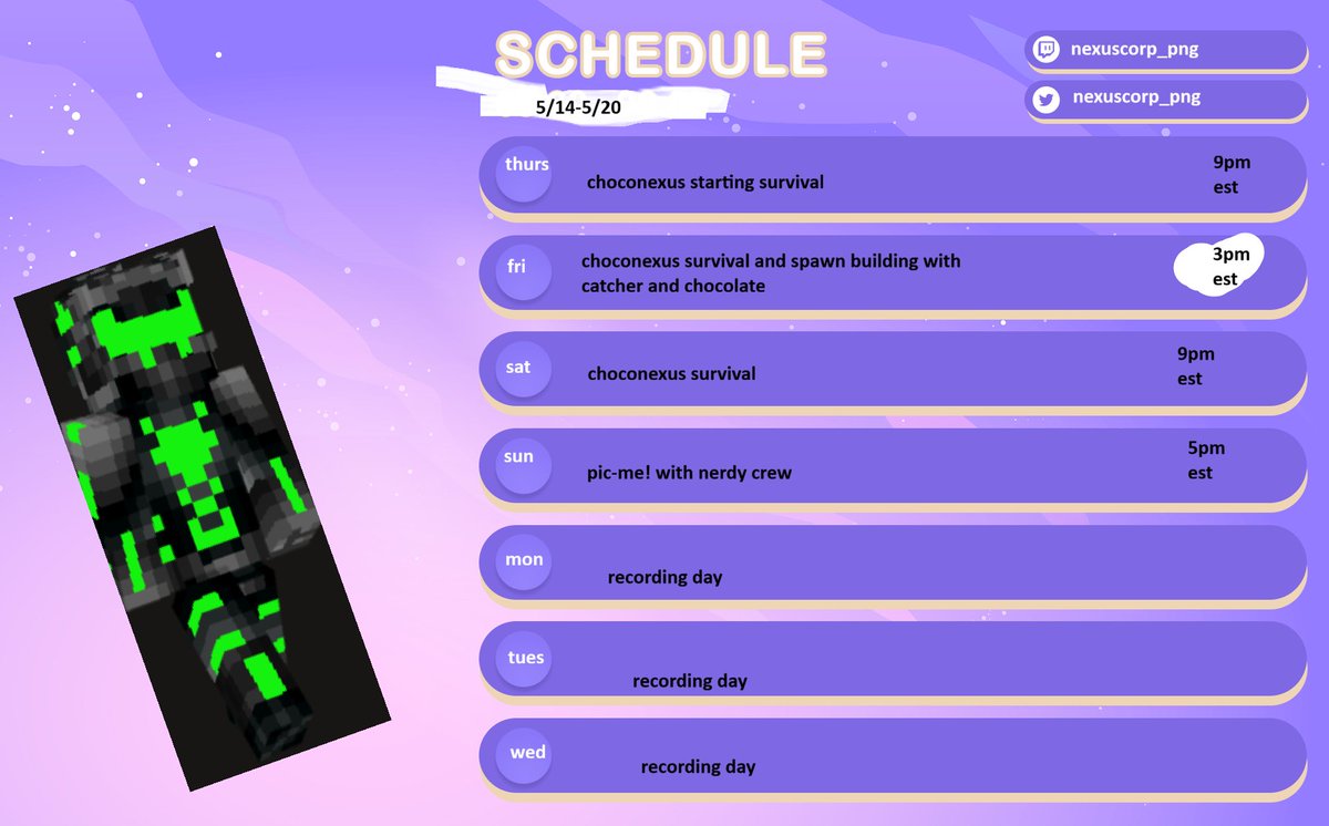 BlockForgeNexus's tweet photo. schedule for 5/14- 5/20 https://t.co/K1UNzj0Brt