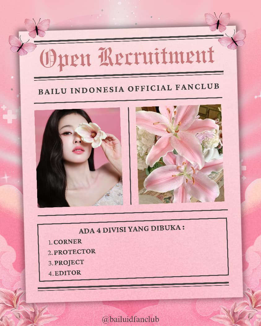 bailufanclubid's tweet photo. 📢 OPEN RECRUITMENT
Bai Lu Indonesia Official Fanclub
🗓 12 Mei – 31 Mei 2026

Bai Lu Indonesia Official Fanclub membuka kesempatan bagi penggemar Bai Lu di Indonesia untuk bergabung menjadi bagian dari kepengurusan fanclub 🤍

✨ Posisi yang dibuka:
• Admin Protector X
• Admin Corner Instagram
• Admin Corner Facebook
• Divisi Project
• Editor Corner
• Tim Protector
• Tim Corner 
• Penanggung Jawab Divisi Editor

📌 Kualifikasi Umum:
• Memiliki waktu yang cukup untuk aktif di kepengurusan
• Memiliki kemampuan manajemen waktu yang baik
• Mampu berkomunikasi dengan baik
• Profesional dan bertanggung jawab

📌 Kualifikasi khusus setiap posisi dapat dilihat pada poster yang terlampir.

🔗 Link pendaftaran:
https://t.co/7HbpauKC3i

Terima kasih dan semoga dapat bertemu dengan pengurus baru Bai Lu Indonesia Official Fanclub 🤍 

#BaiLu #BaiLuIndonesiaOfficialFanclub #BaiLuCorner #BaiLuProtector