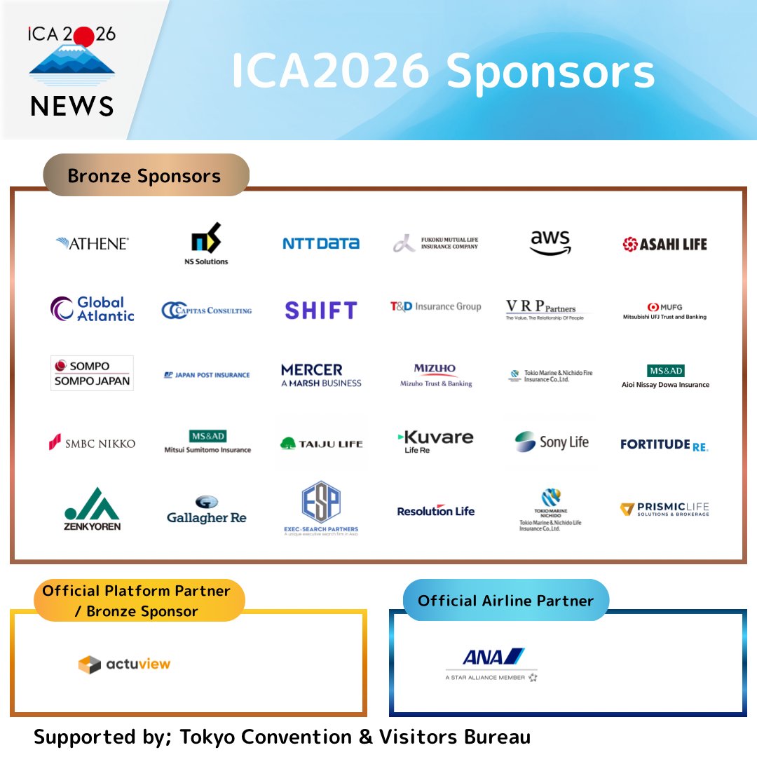 ICA2026's tweet photo. Hello everyone! 🌟

🔹 Latest Updates from ICA2026 Sponsors
ICA2026 is supported by numerous sponsors! Thanks to their collaboration, actuaries from around the world come together to learn, network, and foster innovation. 🙏 Enjoy a variety of sponsor booths and networking opportunities at the event venue. 👥

✨ For details about our sponsors on sponsorship application and benefits, please visit the official ICA2026 website! ✨
➡️ https://t.co/XDk8H1iA4z

✨ To receive the latest news and event announcements related to ICA2026, please register for our official mailing list! ✨
➡️https://t.co/F6EHNRvhFv

皆さん、こんにちは！🌟

🔹 ICA2026スポンサーの最新情報
ICA2026では、多くのスポンサーの皆さまにご支援いただいております！スポンサーのご協力により、世界中のアクチュアリーが集まり、学びや交流、イノベーションが生まれる場が実現します。🙏会場ではスポンサーによる出展ブースや交流の機会も豊富に用意されています。👥

✨ご支援いただいているスポンサースポンサー申込や特典の詳細は、ICA2026公式ウェブサイトからご覧いただけます！✨
➡️https://t.co/XDk8H1iA4z

✨ ICA2026に関する最新情報やイベントの告知などをいち早くゲットするために、公式メーリングリストを登録してください！✨
➡️https://t.co/F6EHNRvhFv
 
#ICA #ICA2026 #Actuary #Actuaries #Sponsorship