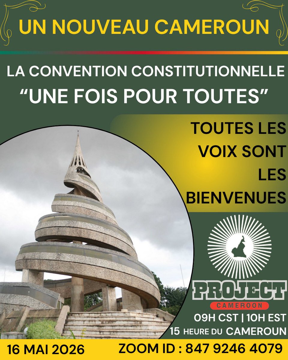 projectcameroon's tweet photo. Ce samedi, après des semaines de discussion, nous dévoilerons notre plan—un plan pour unir les Camerounais à tous les niveaux dans un processus inclusif. Ensemble, nous définirons ce que signifie être Camerounais, nous nous attaquerons aux problèmes structurels urgents, et nous affirmerons les valeurs fondamentales qui nous unissent en tant que nation.

#liberezlecameroun