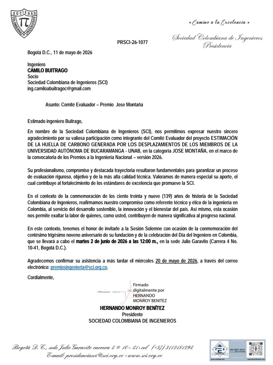 icamiloabc's tweet photo. Califiqué 2 temas en 2025 y 3 en 2026 para los Premios a la Ingeniería Nacional, quise compartirlo con ustedes. Faltó una Carta de agradecimiento, son iguales, el tema faltante: Integración de Renovables en Distritos de Energía. No todo es dinero en la carrera de un Profesional. https://t.co/r2P0zjzUzK