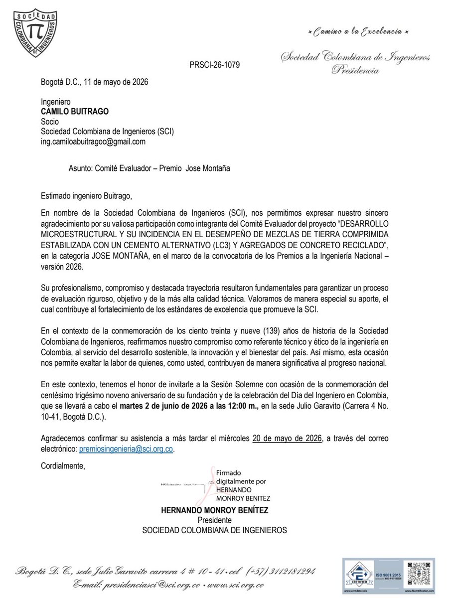 icamiloabc's tweet photo. Califiqué 2 temas en 2025 y 3 en 2026 para los Premios a la Ingeniería Nacional, quise compartirlo con ustedes. Faltó una Carta de agradecimiento, son iguales, el tema faltante: Integración de Renovables en Distritos de Energía. No todo es dinero en la carrera de un Profesional. https://t.co/r2P0zjzUzK