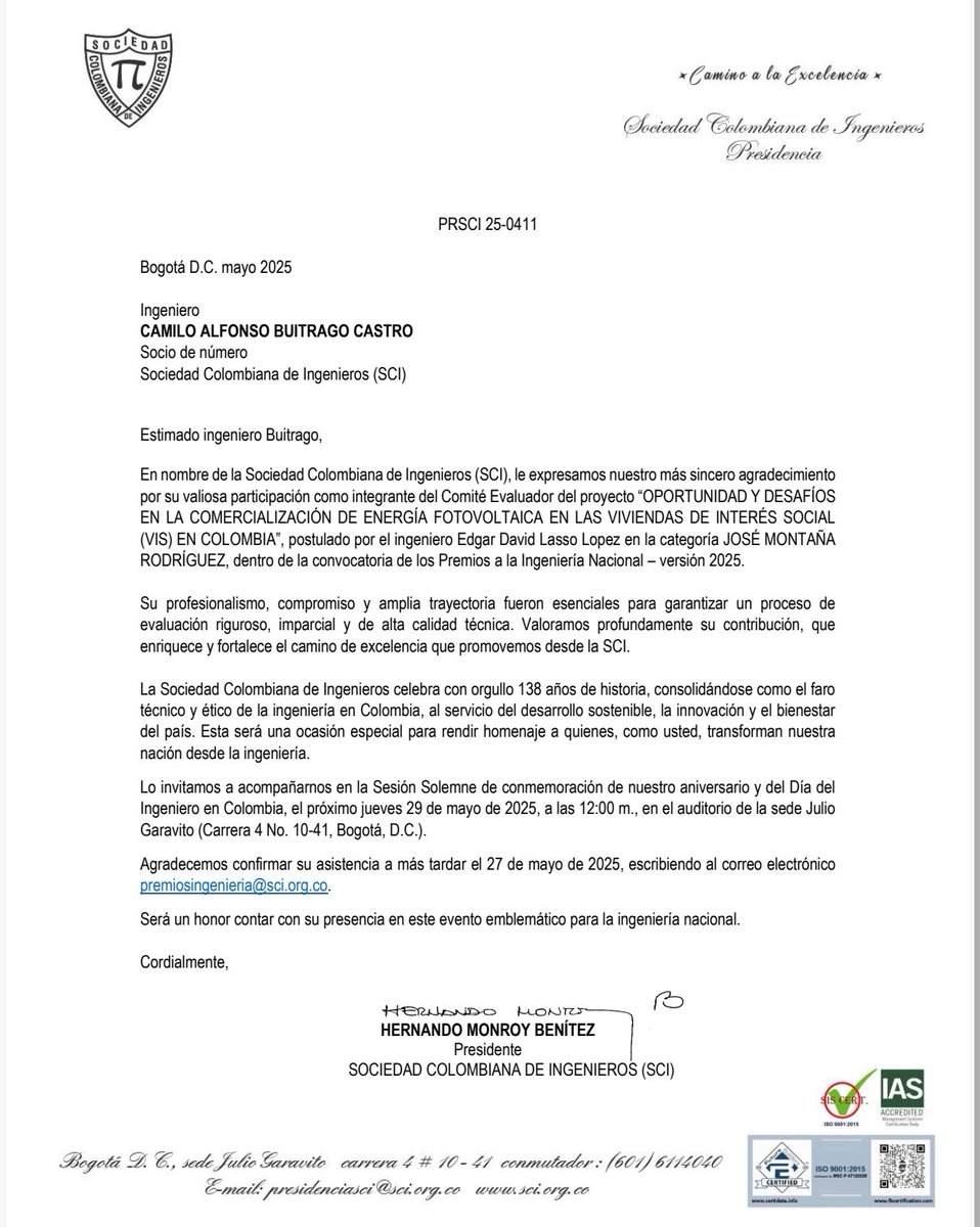 icamiloabc's tweet photo. Califiqué 2 temas en 2025 y 3 en 2026 para los Premios a la Ingeniería Nacional, quise compartirlo con ustedes. Faltó una Carta de agradecimiento, son iguales, el tema faltante: Integración de Renovables en Distritos de Energía. No todo es dinero en la carrera de un Profesional. https://t.co/r2P0zjzUzK