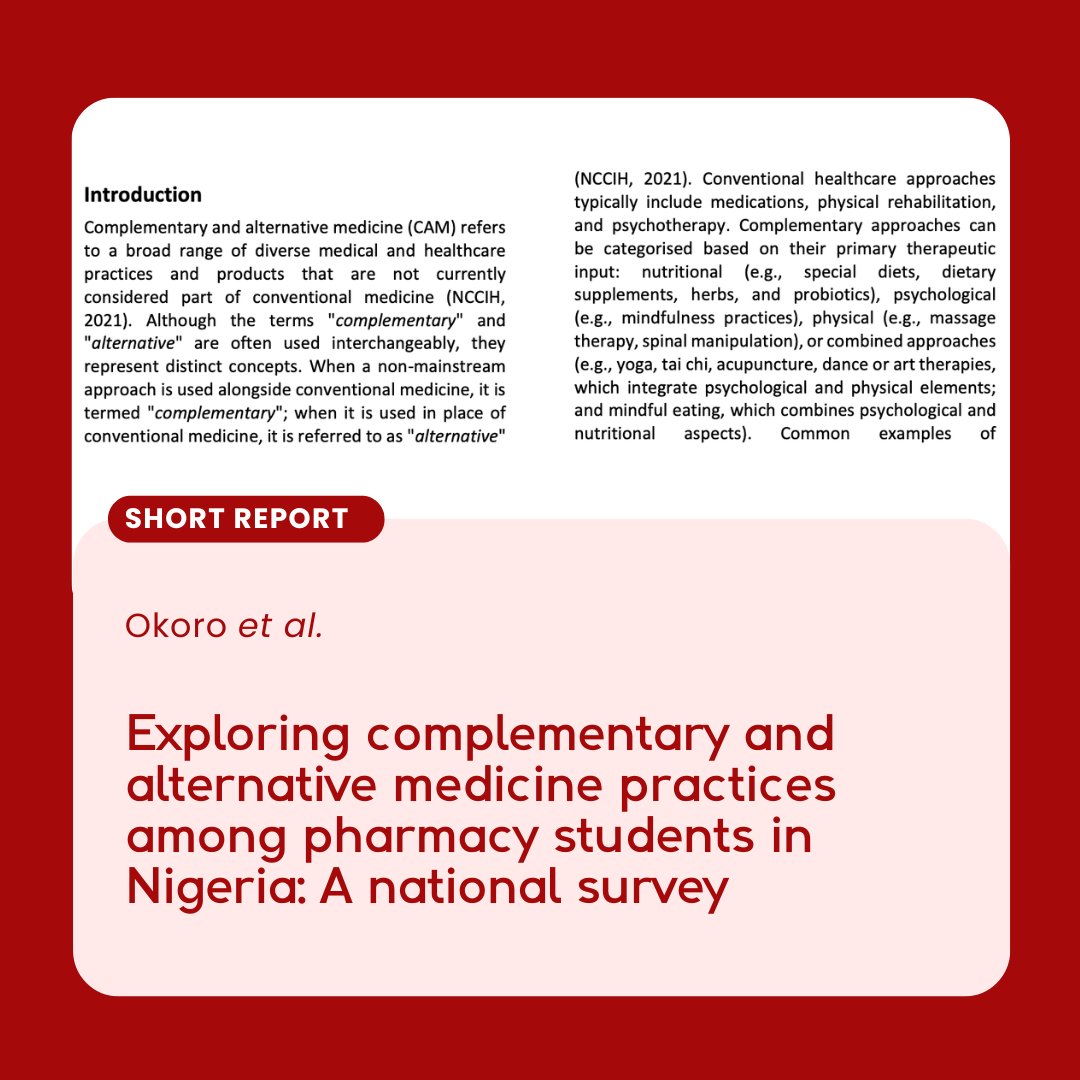 PharmEdjournal's tweet photo. 90%+ of Nigerian pharmacy students perceive complementary and alternative medicine as helpful. A survey of 663 students makes the case for evidence-based CAM in the curriculum.
https://t.co/45voT9WvjQ
#publishwithPEJ #PharmEd #PEJ https://t.co/mVdxO2erck