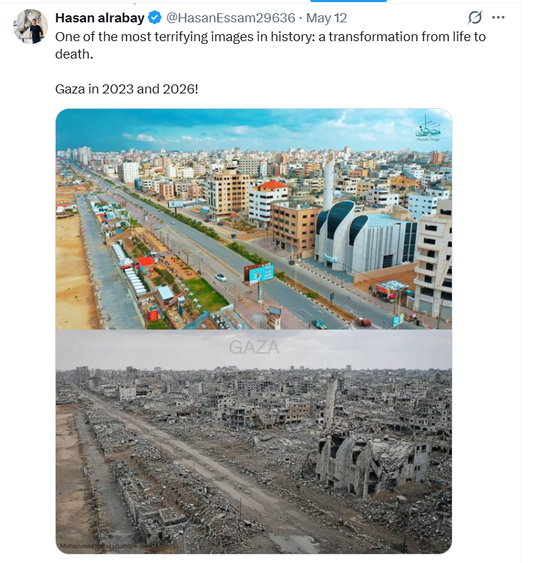 ProfMJCleveland's tweet photo. No, it is the images from October 7 that are the most terrifying images in history: These images of Gaza merely show that electing terrorists who brutally murder innocent civilians will lead to war. https://t.co/9s0wb6DnK7