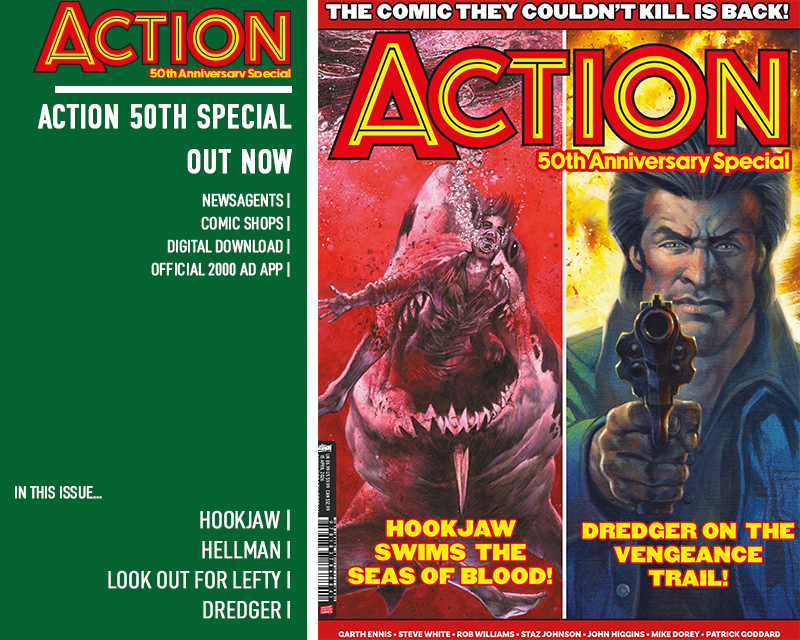 britcomics's tweet photo. AMERICA! The Action 50th Anniversary Special is out now! 

Featuring Hookjaw, Hellman, Look Out For Lefty and Dredger!

Preview: https://t.co/uZhLwZc6LT
Buy now: https://t.co/5muZuEpbmA https://t.co/kgm0FnEeuK