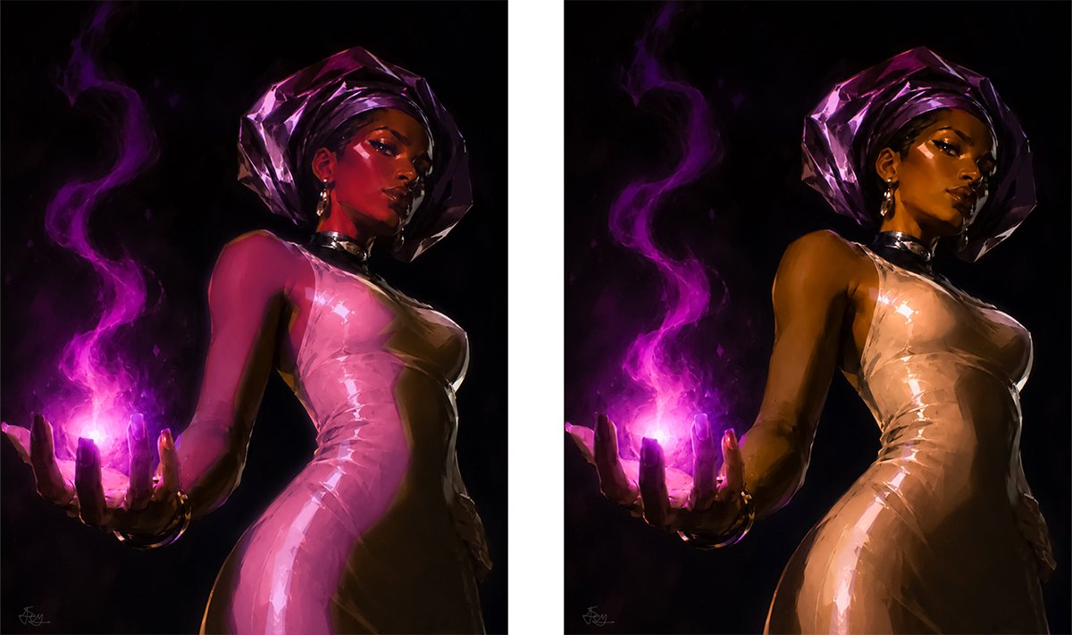 _rexbaba's tweet photo. @feyisayopng the glowin purple light in her hand should affect her skin, dress. Light bounces and reflects. In the original(L),the glow barely interacts with the body at all a basec AI tell. AI can mimic the look of art, but often fails at the logic lighting consistency, material interaction https://t.co/PKdgPZVkvw
