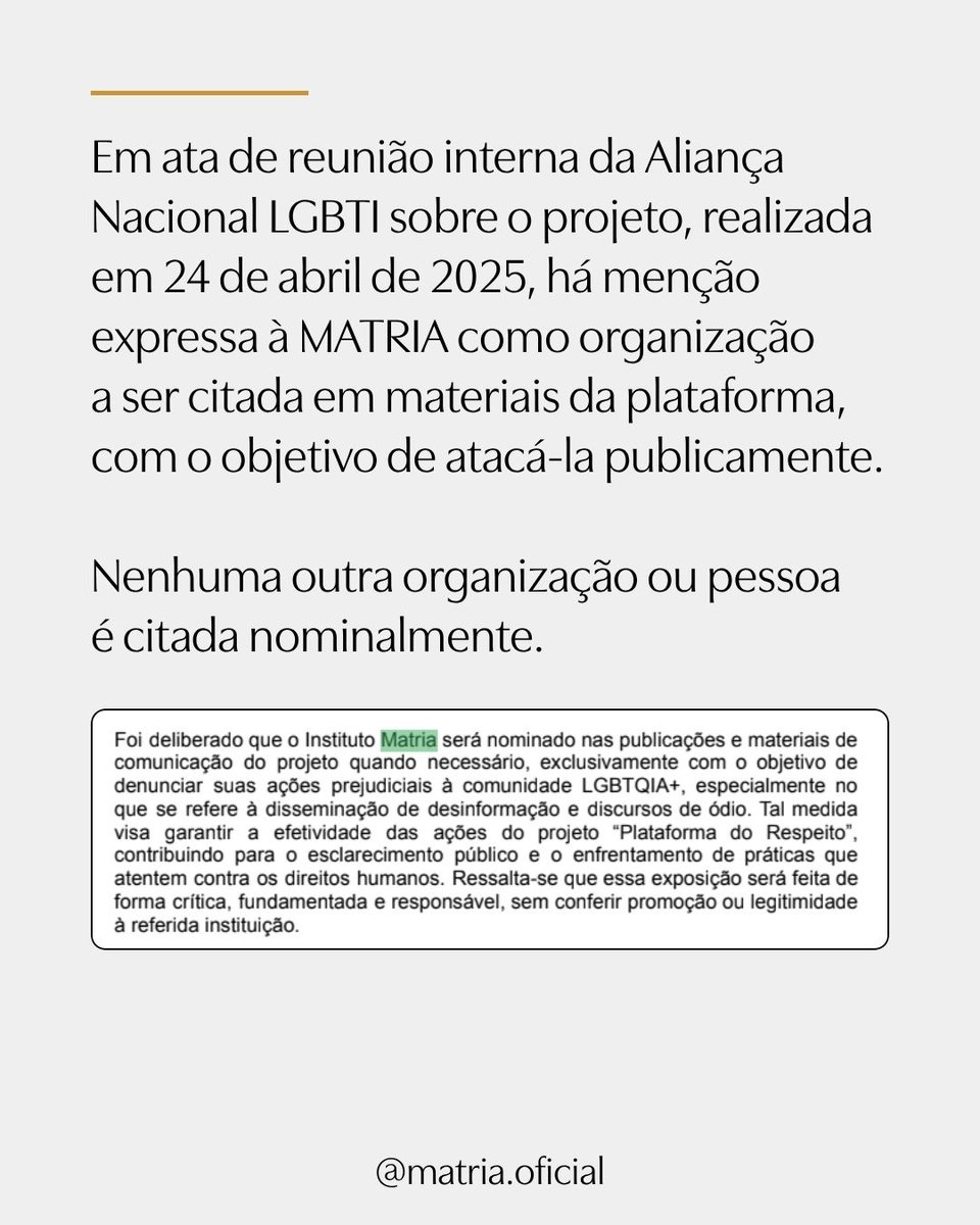 MATRIAoficial's tweet photo. Em 2025 surgiu no instagram uma página chamada “Plat Respeito”, cuja primeira postagem era uma notícia falsa sobre a MATRIA (sem sequer acertar nosso nome) que, após nossos comentários a respeito, foi apagada.

O perfil é vinculado à “Plafatorma Aletheia”. Dados públicos informam que a ferramenta foi financiada por emenda parlamentar de Érika Hilton, como parte de um projeto vinculado à União Federal, por meio da Secretaria Nacional dos Direitos das Pessoas LGBTQIA+.

O valor do projeto (R$ 300 mil) foi repassado à organização Aliança Nacional LGBTI, através do Termo de Fomento nº 961456/2024, tendo como objeto “formal” o desenvolvimento de um sistema de monitoramento de “fake news” no Estado do Paraná.

Na prática, no entanto, percebe-se uma extrapolação indevida do objeto da contratação, que não se limita
a “monitorar fake news” e nem ao estado do Paraná, mas opera como um sistema estruturado de monitoramento nacional de conteúdos, realizado por uma associação LGBT, filtra e analisa, segundo seus próprios critérios, aquilo que considerar “discurso de ódio”, identificando publicações e perfis a serem apresentados ao Ministério Público para criminalização.

Em ata de reunião interna da Aliança Nacional LGBTI sobre o projeto, realizada em 24 de abril de 2025, há menção expressa à MATRIA como organização a ser citada em materiais da plataforma, com o objetivo de atacá-la publicamente.

Nenhuma outra organização ou pessoa é citada nominalmente.

O registro documentado de intenção persecutória deliberada contra a MATRIA evidencia que a estrutura financiada pelo poder público está sendo utilizada para monitoramento e exposição direcionada, descredibilização institucional e atuação com viés político-ideológico.

Isso evidencia problemas graves:
- uma estrutura, paga com dinheiro público, usada para perseguir adversários políticos, agindo de forma parcial e marcada por atuação seletiva, aspectos incompatíveis com a impessoalidade, legalidade, e finalidade administrativa.
- uma entidade privada, e com conflito evidente de interesses, assumindo função de Estado: investigar e encaminhar o que eles consideram crimes.

Por isso, a MATRIA ingressou com ação judicial na Justiça Federal da 1ª Região (Processo nº 1044981-9.2026.4.01.3400), questionando a legalidade da contratação, que, com recursos públicos federais, confessadamente, criou uma ferramente para monitoramento de manifestações e constrangimento de atores no debate público.

O uso de verbas públicas para esse tipo de monitoramento compromete o ambiente democrático, especialmente em temas sensíveis que exigem debate aberto e fundamentado - e não constrangimento e censura.

Entre os pontos a serem considerados, estão o risco à liberdade de expressão, os impactos sobre o pluralismo de ideias e a intimidação de pessoas e organizações com posições divergentes.

As ações da MATRIA expondo os diversos absurdos do transativismo têm claramente incomodado e, com isso, gerado cada vez mais respostas desonestas, como matérias e postagens que dão por perdida essa ação, cujo julgamento de mérito sequer foi iniciado!

O único despacho realizado pela juíza no processo apenas posterga decisão sobre liminar, para antes ouvir as rés, procedimento comum.

Futura decisão sobre o pedido de suspensão liminar da Plataforma, seja qual for, ainda assim não será uma decisão final sobre o mérito da ação, como as manchetes deram a entender.

Além de propagar uma mentira, a ANTRA tentou apresentar, de forma absolutamente caricata, um processo contra uma ferramenta de censura como... tentativa de censura!

Seguiremos atentas a todas as tentativas de censura ao debate em torno de temas de interesse das mulheres.

Seguiremos desmascarando narrativas falsas divulgadas pelo transativismo.

Apoio nosso trabalho.
Se for mulher, associe-se.
Se puder, doe qualquer valor para o pix
matria@associacaomatria.com