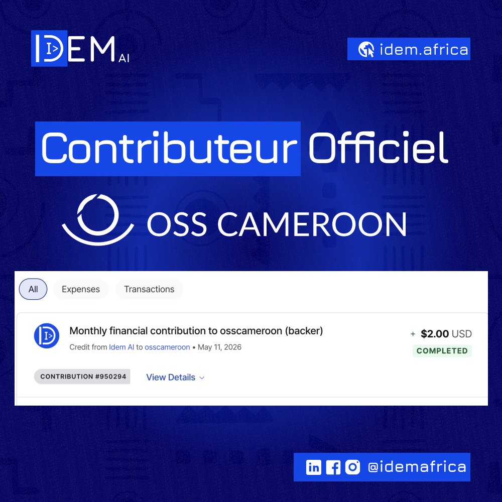 idem_ai's tweet photo. Idem AI est désormais contributeur officiel de @osscameroon  🇨🇲

C’est un petit pas : 2$ par mois.
Mais c’est une contribution réelle.
Parce qu’on croit en l’open source.
Parce qu’on croit en l’Afrique.
Et surtout… parce qu’on croit en ce qu’on construit ensemble. https://t.co/tnt0WqrRm6
