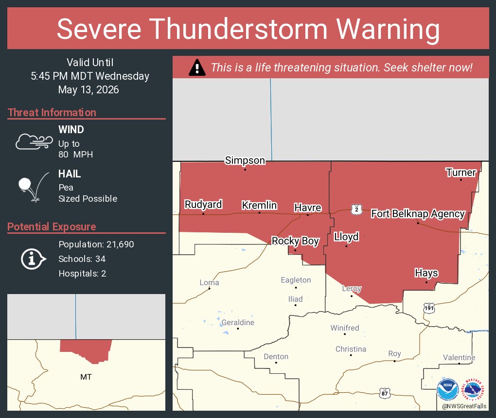 Severe Thunderstorm Warning continues for Havre MT, Fort Belknap Agency ...