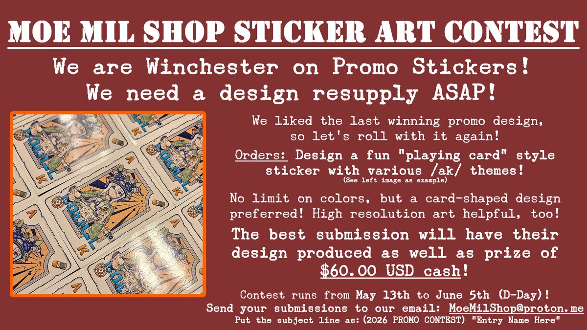 MoeMilShop's tweet photo. And here we go for a new art contest!
Tell your .mil artist friends, let's see what can be cooked up in the field (as long as it's not using C4...)
Questions or have submissions? Ask below or email us @ MoeMilShop@proton.me!

#ArtContest #MoeMiShop https://t.co/MVwRP2aLIg