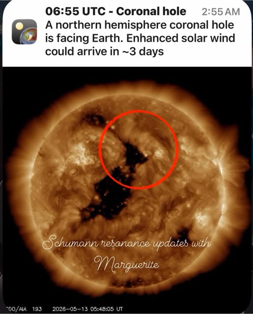 PaulGoldEagle's tweet photo. CORONAL HOLE‼️⚫️

The northern portion of the current Coronal hole is Earth-Facing. 
When the lower part of this huge coronal hole rotate a little bit more, it will be a Trans-Equatorial￼ Coronal hole( STRAIGHT-ON EARTH-Facing)‼️
What does this mean⁉️ 

It means that solar winds will shoot out from this Hole and the odds of it bringing storming and Possible aurora borealis in a few days is considerable! 💥

✨💃🏽🕺🏻

🌍🌏🌎❤️🛡️❤️🛡️❤️🛡️❤️🛡️❤️🛡️

So get ready for some ELEVATED CHARTS & HIGH ENERGIES‼️

  Get your Dancing Shoes ready & your proverbial Surf Board polished up‼️🌊🌊🏄🏽‍♂️🌊🌊🌊🌊🌊🌊💃🏽🕺🏻🎵 

🎵SCHUUMBAH 🎵

Its fuel for ASCENSION✨✨✨

Much Love to you all❤️

8:39 AM EST, 5/13/26💚💙

Schumann Resonance Updates With Marguerite