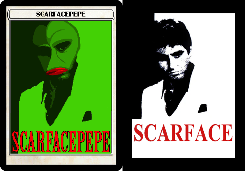 subterranean_1's tweet photo. Today's Rare Pepe Lore Lesson™️ is Series 3, Card 3 - SCARFACEPEPE by @shawnleary. This is a 1/1,983 card with a current floor price of .025 BTC ($1,985 USD).

271 wallets hold a copy of this card and Shawn still controls 80% of the total supply (1,587/1,983).

This card is a pepefied version of the movie poster for the 1983 American crime drama film Scarface. Directed by Brian De Palma and written by Oliver Stone, Scarface is a remake of the 1932 film of the same name. The remake stars Al Pacino as Cuban refugee Tony Montana.

Shawn turned the background and Pacino's suit jacket green and painted a Pepe mask over his face. The token mint number is the same as the release year of the film. 

Further reading/viewing:

Scarface (1983 film) - https://t.co/DfK2ln2gA2

Oliver Stone - https://t.co/gOvNXo9QB3

Brian De Palma - https://t.co/GMXfLufkJL

Al Pacino - https://t.co/QqXBFiTndS

Tony Montana - https://t.co/IdkCxb2DbQ

Scarface (1932 film) - https://t.co/VMlEXoBuzi

Scarface Trailer - https://t.co/Dg0TEjnRFq

Scarface 1932 Movie Trailer - https://t.co/fIeXdSwLez