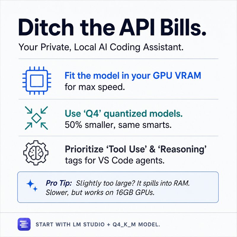 kidquick360's tweet photo. The cost of AI subscriptions and API pricing is pushing more developers toward local, private solutions. Running a model entirely on your own system is not only possible, it can be fast, capable, and free from recurring fees.

Here is the key insight: the most important factor in choosing a local model is your hardware. Specifically, your GPU’s VRAM. If you are on a Mac with unified memory, that single number determines your limit. On a Windows machine, you have dedicated GPU memory plus system RAM for overflow. The model you choose must fit within that constraint.

Models are defined by two main metrics: parameters and context size. More parameters generally means better performance, but larger size. Context size determines how much information the model can hold at once. Quantization, like Q4 or Q8, shrinks model size by rounding precision, trading a small performance drop for a much smaller footprint.

To get started, use a tool like LM Studio. It has a built-in model browser that shows estimated RAM usage for each model. Look for models with tool use and reasoning capabilities if you plan to use agentic coding workflows. If you cannot find what you need there, browse Hugging Face for trending models and filter by quantization options.

The goal is to find a model that fits entirely in your GPU memory for the best speed. If that is not possible, overflow to system RAM still works, just slower. Start with a Q4 quantized model around 7 to 9 billion parameters for a balanced experience.

Local AI is not just a cost-saving measure. It gives you full control, privacy, and the ability to customize your workflow without limits. If you have been hesitant to try it, start with the hardware you already have and experiment.

For more on setting up local models for coding, watch the full video.