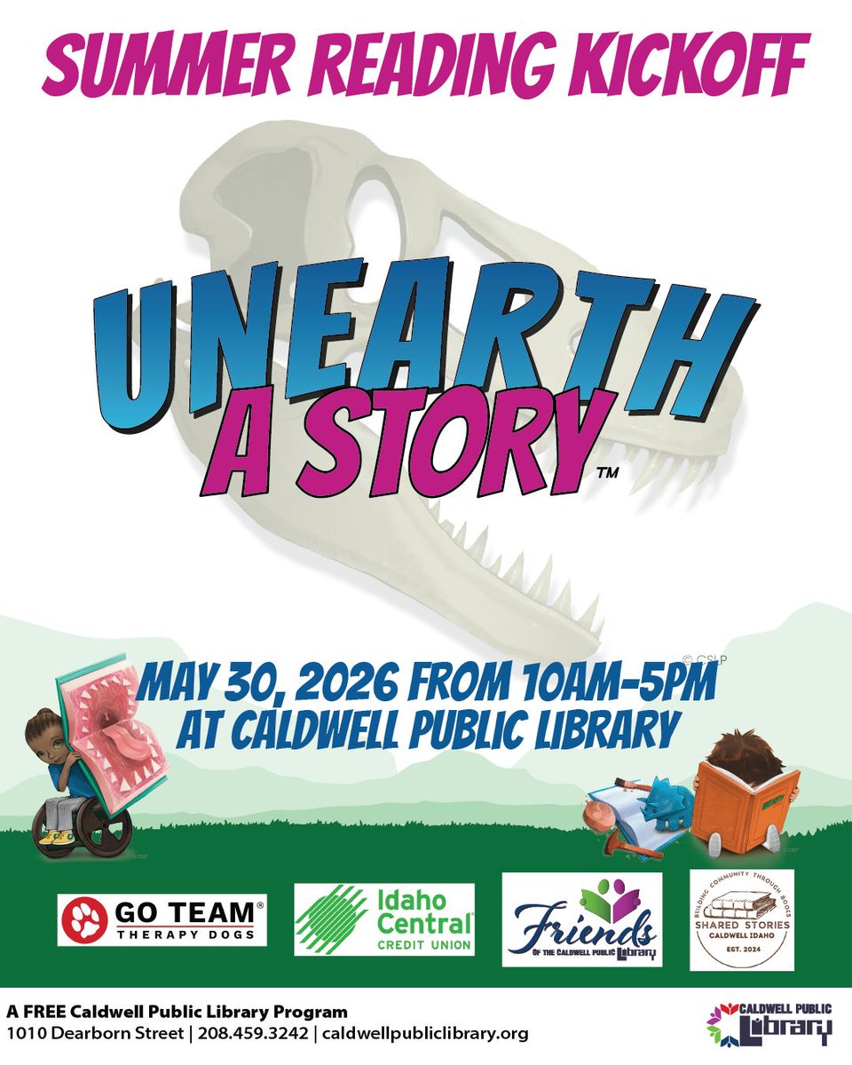 CaldwellLibrary's tweet photo. 🦖Unearth a story at our Summer Reading Kickoff May 30 from 10am-5pm! Come in to register for the Summer Reading Program to receive a summer reading log and a FREE book!

This program is free and open to all ages. You do not need a library card to participate. https://t.co/v9PbHdouaj