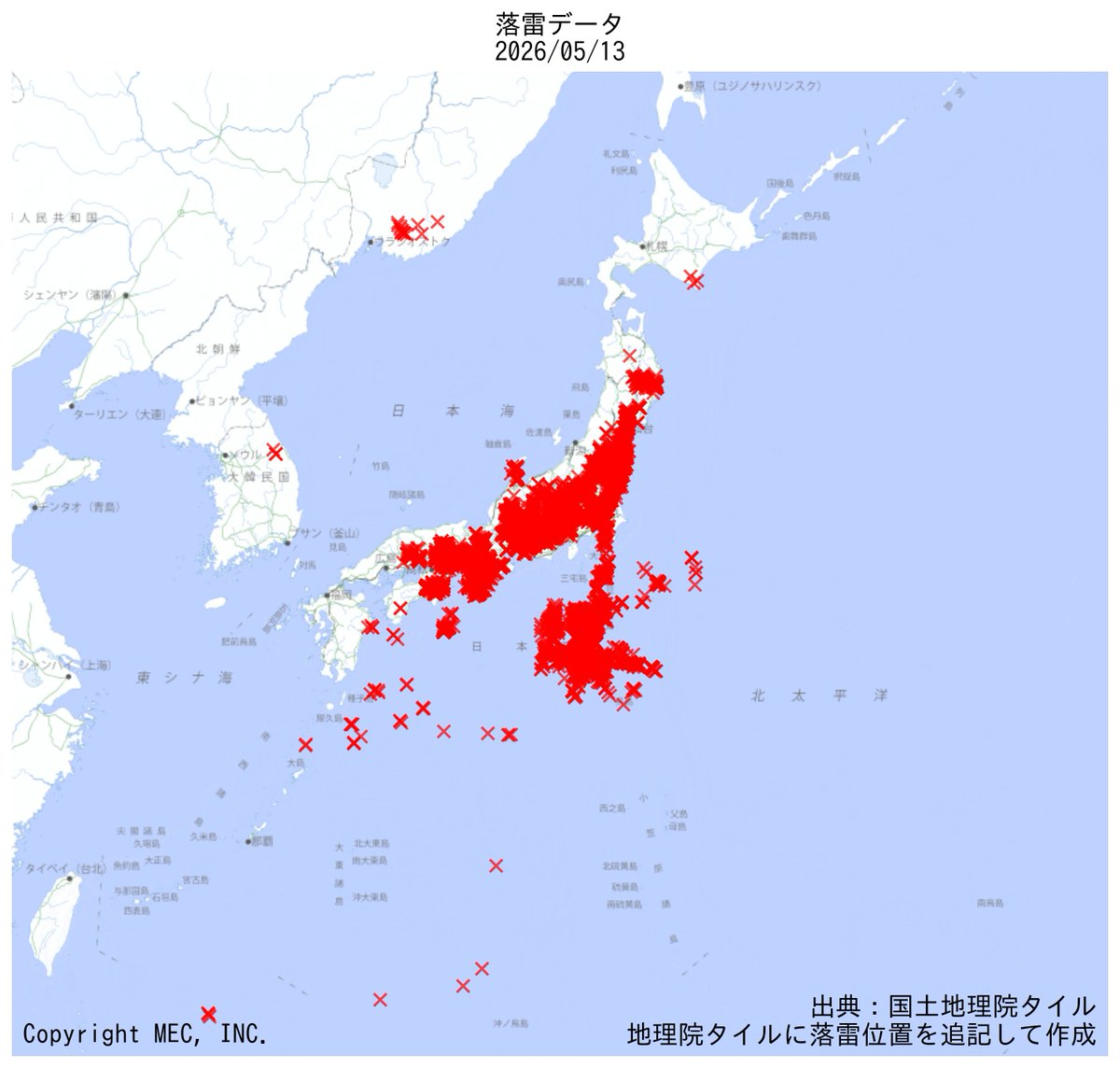 落雷日報】 2026年05月13日の日本周辺の落雷観測数は 8278件 でした
