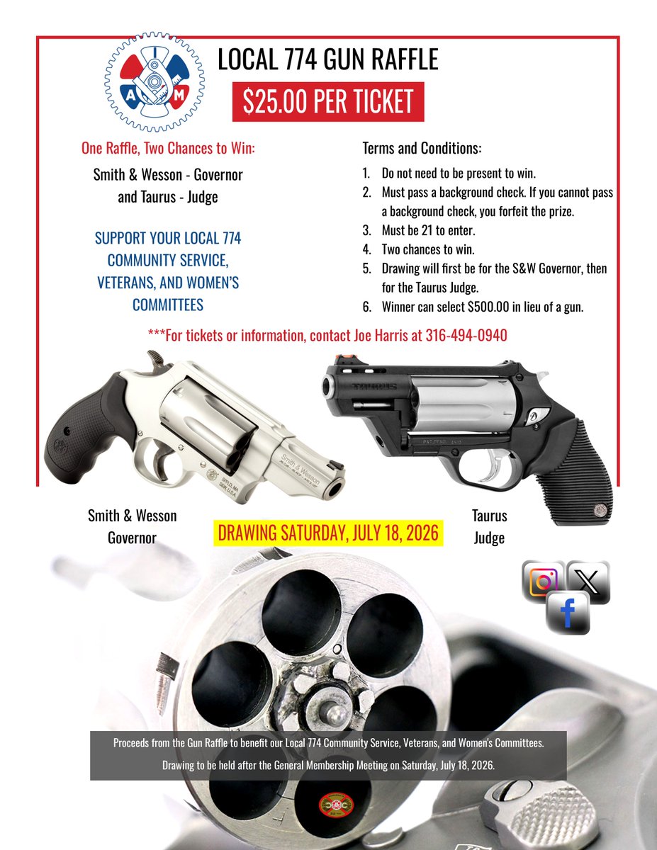 iamll774's tweet photo. Support your Local 774 Community Service, Veterans, and Women’s Committee by purchasing a $25.00 ticket with two chances to win. A winner for a Smith &amp; Wesson Governor will be drawn first, then a second chance to win a Taurus Judge. See flyer for details. https://t.co/JCSYAsnj1n