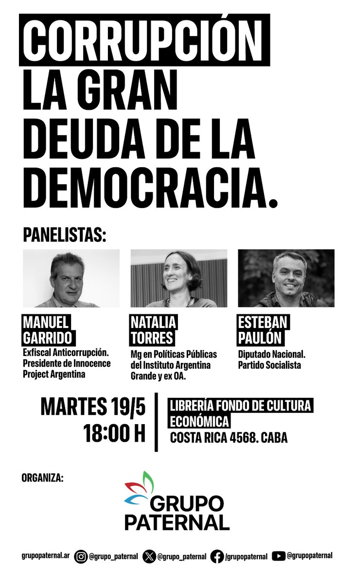 Grupo_Paternal's tweet photo. #Corrupción
Volvió la que nunca se fue.
El martes 19 a las 18h. nos entraremos con @ManuGarridoOk, Natalia Torres y @EstebanPaulon para conversar sobre la gran deuda de nuestra democracia.
Inscribite aquí: https://t.co/ruB1aDDTb1 
Nos vemos! https://t.co/MPDmLAk3Fv
