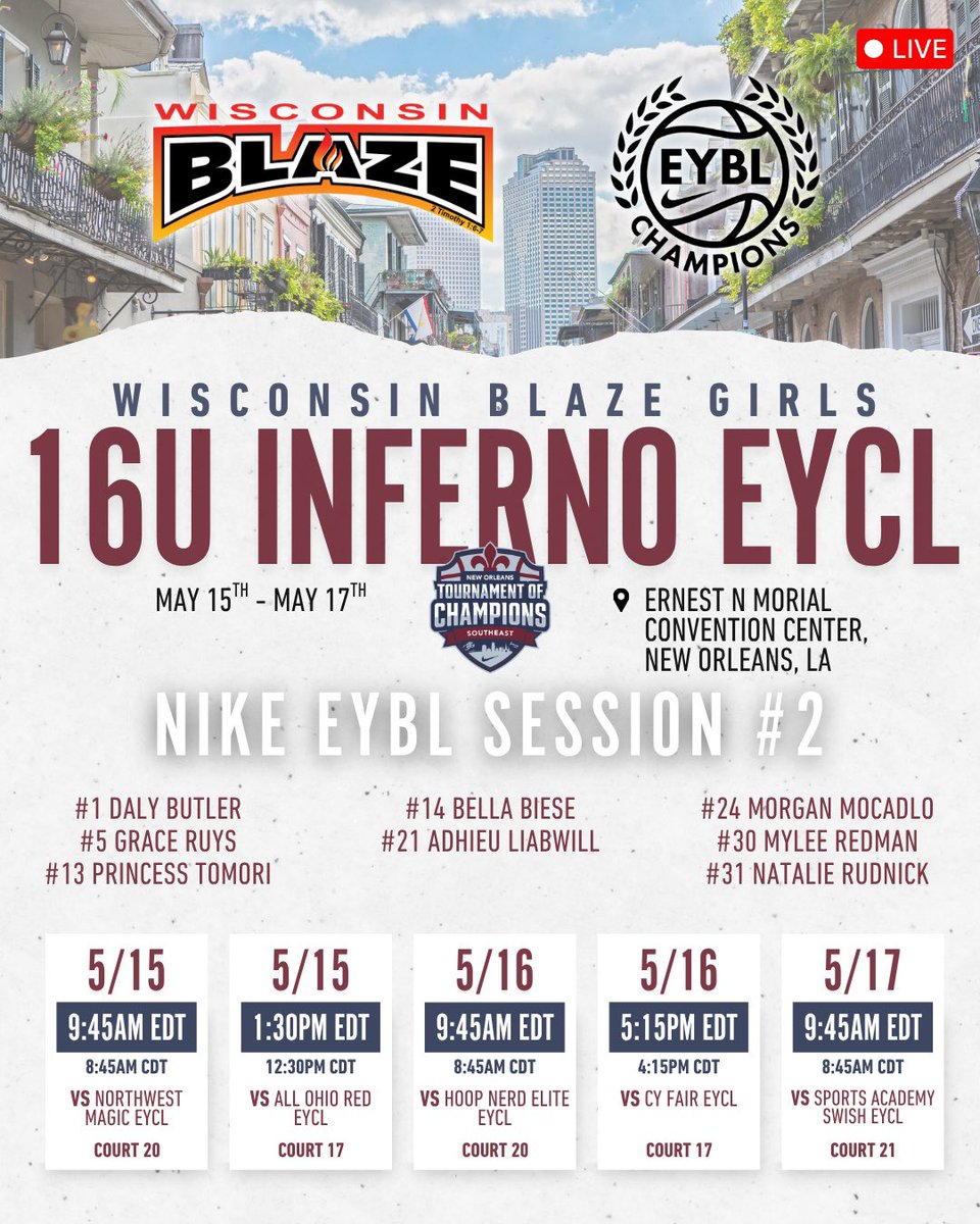 BellaBiese's tweet photo. Nike EYBL session 2 this weekend in New Orleans, LA. Can’t wait for it to start, come and watch! @LisaMVanWyk @WisconsinBlaze @NikeGirlsEYBL https://t.co/f2TfQlnD8y