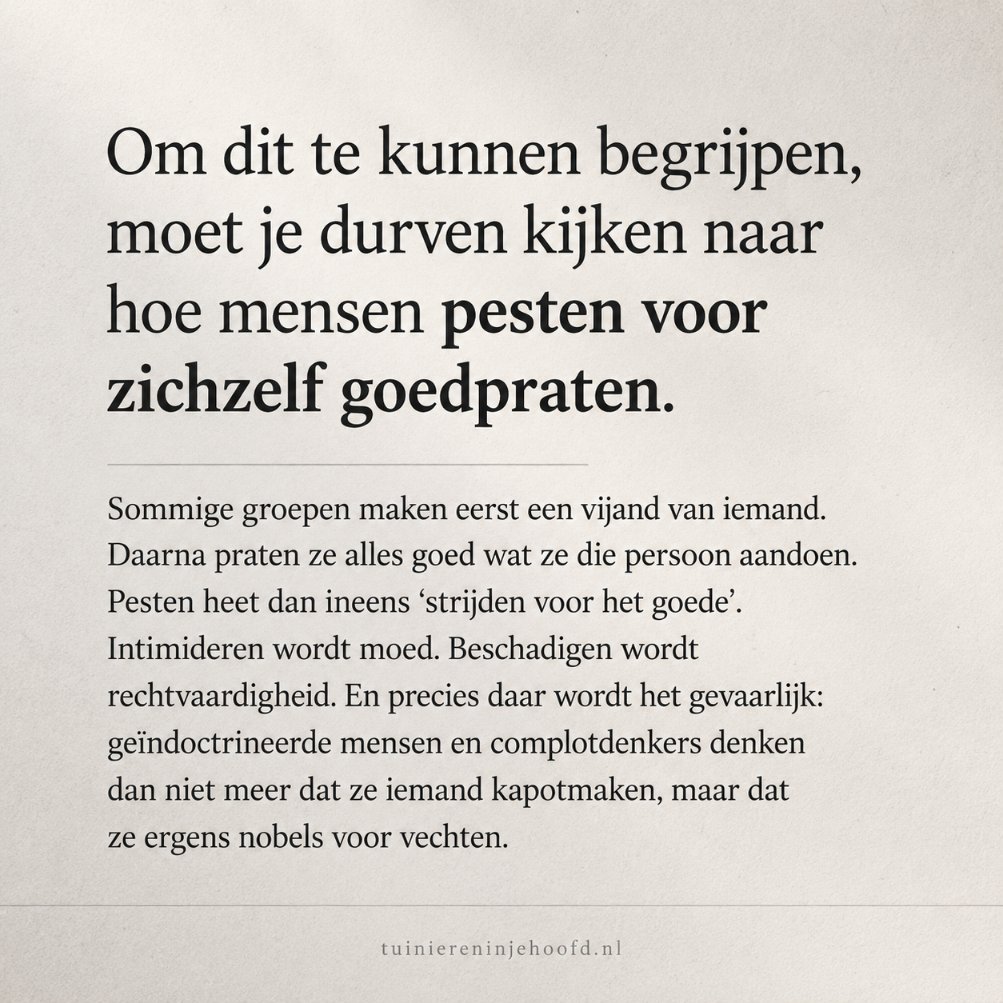 DianadeRaaf's tweet photo. Pesten "strijden voor het goede" noemen, maakt het niet nobel. Het maakt het gevaarlijker.

#Complotdenken #OnlineIntimidatie #Pesten https://t.co/qUcIoa4rmi