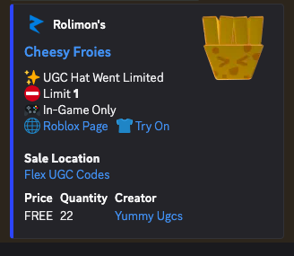 VeryYummyPotato's tweet photo. Yk Im slowly loosing rbx, I still have another 40+ free items I can do, but loosing rbx regardless 

Cheesy Froies has officially released with a total of 22 stock and is a collab with @Xdisnothere 

Get it through codes dropped by him or lil old me :> https://t.co/eKyjyOT4yn