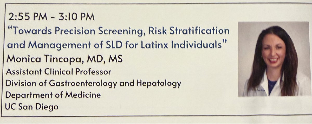 MonicaTincopa's tweet photo. Honored to present an update on our work looking at Precision Medicine efforts to improve screening, risk stratification and treatment of #SLD in #Hispanic #Latinx adults at our annual @UCSDHealth @UCSD_GI research retreat https://t.co/S6u6JD8gmK