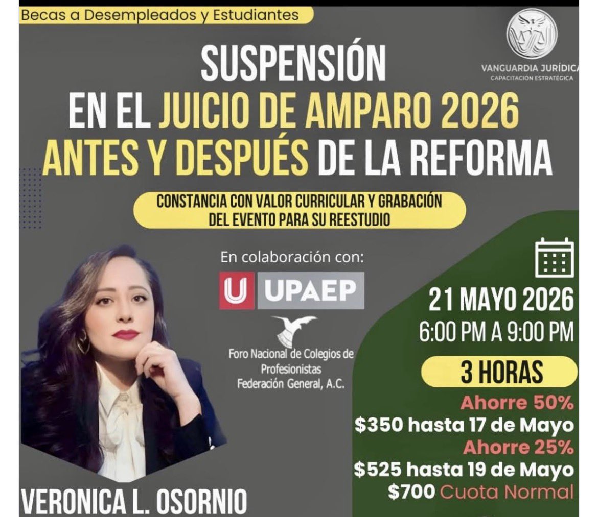 veroosornio's tweet photo. Agradezco la invitación de “Vanguardia Jurídica y Capacitación Estratégica. Grupo JCM” y los espero en la próxima charla en materia de suspensión el 21 de mayo. https://t.co/emibnwmMQP