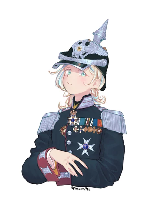 勲章の資料協力してくださった皆様ありがとうございました。メダルバーの後ろから2番目ですが、メクレンブルク・シュトレーリッツの戦功章は1871年かららしく、服の台形の襟型からして1867年頃だと思うので適当に描いてしまいました…先頭から2つも写真からでは等級がわからなかったのでこれも適当で…