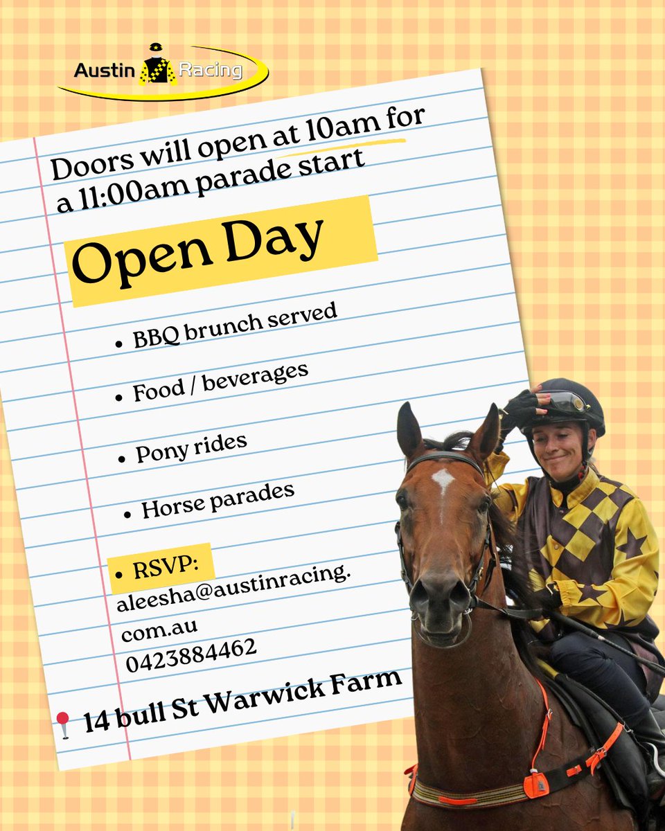 austin__racing's tweet photo. SAVE THE DATE - 31st of May

Austin Racing are opening their doors and invite you all to come along! There will be horse parades, food, beverages, pony rides and a team of good people! 

RSVP (for catering purposes): aleesha@austinracing.com.au https://t.co/JV6T4KqEpG