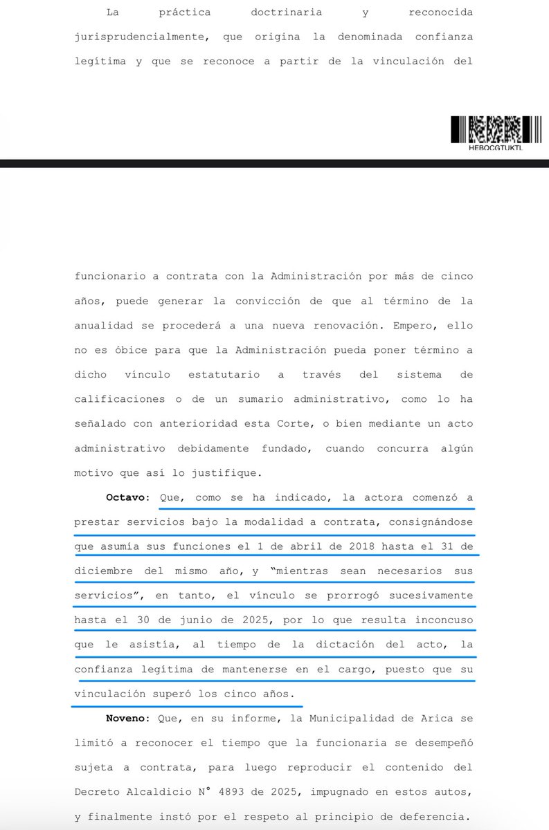 LLeguleya's tweet photo. CS (Rol 32686-2025 12.5.2026) Función Pública: La contrata se extendió por casi 7 años, por lo que le asistía el principio de confianza legítima, por ello el vínculo se termina por calificaciones o sumario administrativo, no por racionalización y optimización de dotaciones o gastos de personal de la Municipalidad (exceder el gasto por concepto de contrata), por lo que el acto es ilegal al carecer de fundamentación. Voto en contra Min Matus y Ruz
