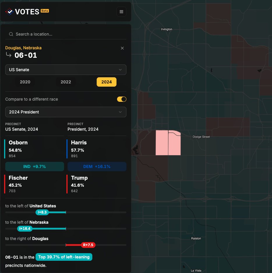 DecisionDeskHQ's tweet photo. Can Osborn hold his rural numbers while improving in blue-leaning Douglas (Omaha) &amp; Lancaster (Lincoln) counties? Osborn ran behind Harris in some precincts in those places.

You can find trends like these in the NEW national precinct map on DDHQ Votes:
https://t.co/WooEkVUFsk https://t.co/MhvXcF5dDl