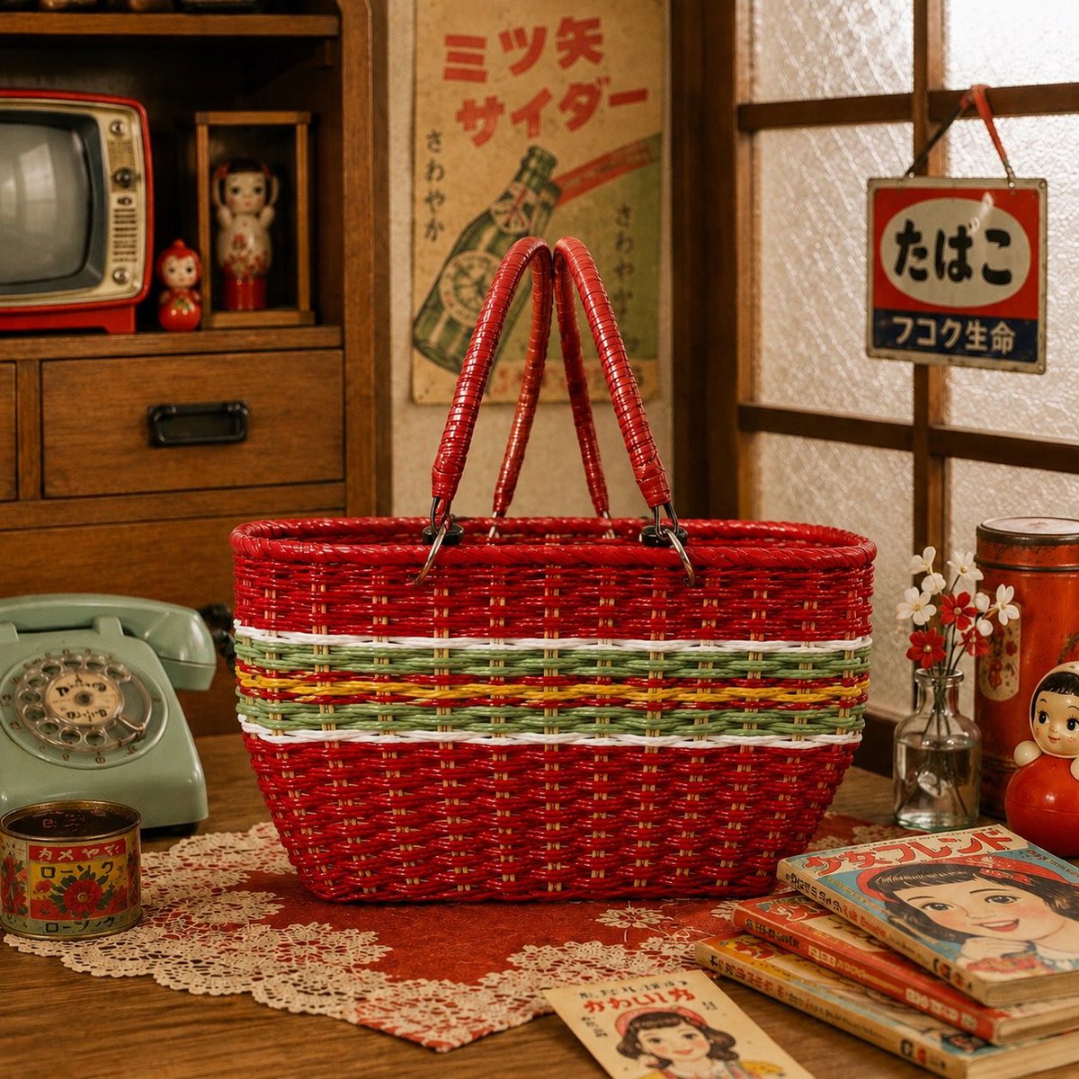 篭バック　 キュート、花色(シバヤマさんの手づくりカゴ)昭和レトロ BASE限定の買い物かごもありますカラフルで可愛い用途様々で使い勝手