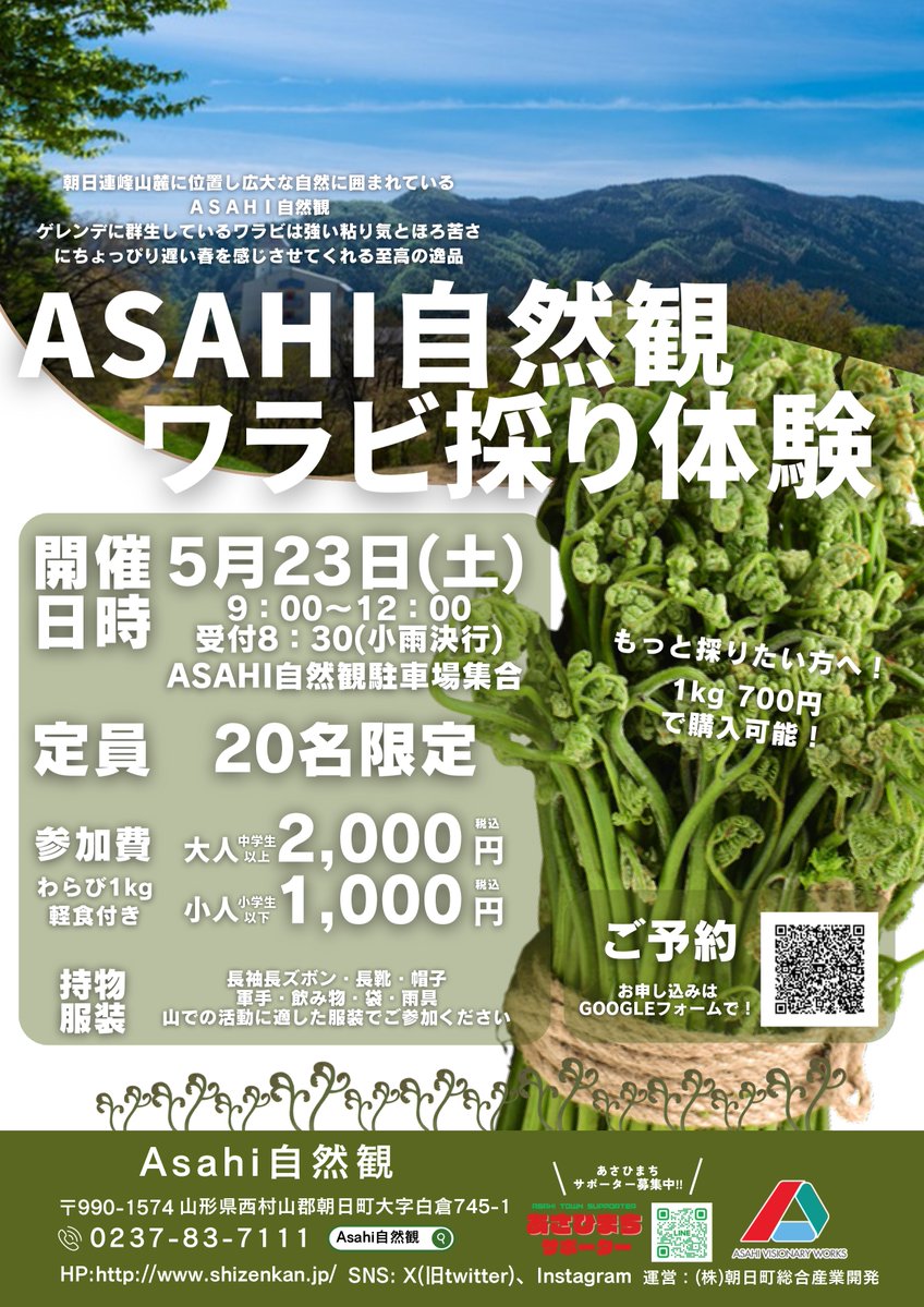 ◇(株)朝日町総合産業開発イベント情報◇ 【ワラビ採り体験 参加者募集