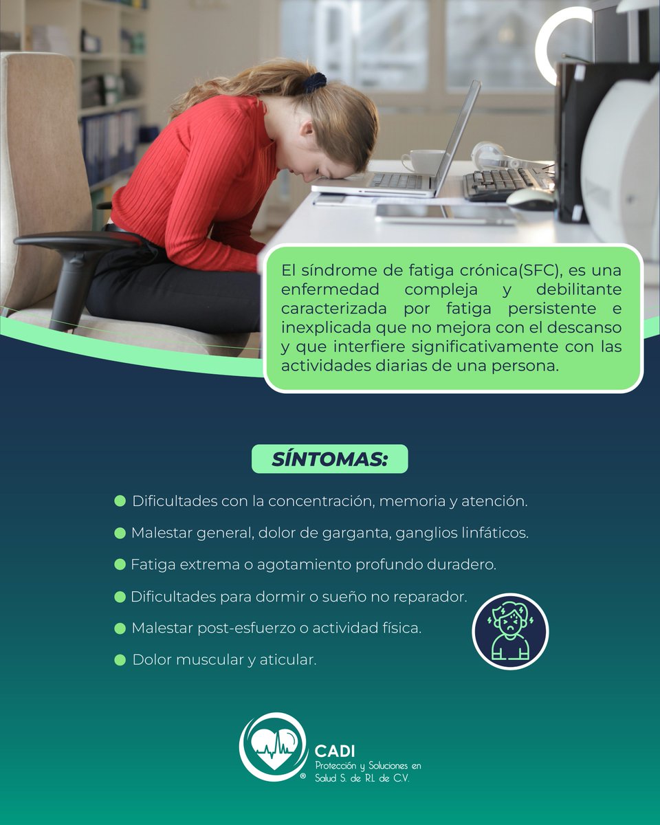 cadi_soluciones's tweet photo. El SFC es una enfermedad que a día de hoy no se sabe del todo a qué se debe, ni tampoco existe un tratamiento.
Esta enfermedad suele provocar discapacidad física grave. Muchos pacientes experimentan dolores intensos, calambres musculares y tienen dificultad para dormir.

#Salud https://t.co/sahgunSHfA