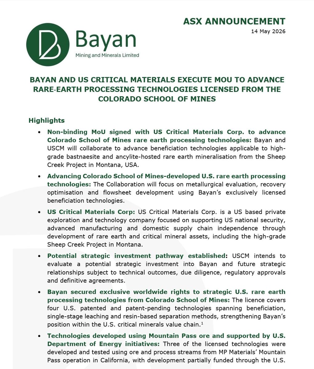 YellowStripeASX's tweet photo. $BMM #RareEarths #ProcessingTech News💥
⏩ $BMM & 🇺🇸US CRITICAL MATERIALS #USCM EXECUTE #MOU TO ADVANCE #RAREEARTH PROCESSING TECH LICENSED FROM THE COLORADO SCHOOL OF MINES⏪
$BMM is the cheapest #REE Processing Tech Play in #ASX with just $13M MC
$IPX $1925M
$IXR $81M
💥Potential strategic investment pathway established: #USCM intends to evaluate a potential strategic investment into $BMM & future strategic relationships
💥Three of the licensed technologies were developed and tested using ore & process streams from @MPMaterials Mountain Pass operation in California, with development partially funded through the U.S Dept of Energy’s Critical Materials Institute