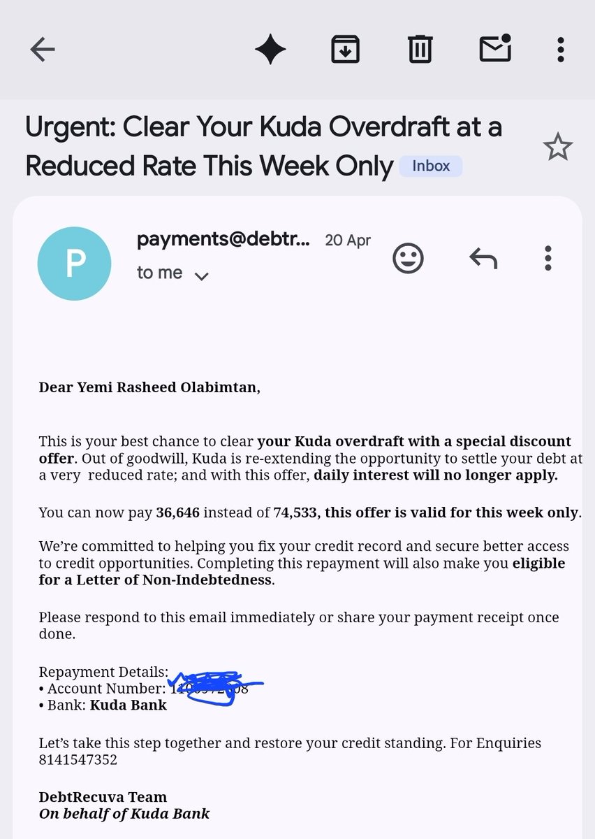 OlabimtanYemi's tweet photo. Hello @kudabank, I made the agreed overdraft repayment on 20th April 2026 and was informed my account would be regularized upon payment. https://t.co/t6dH3PFXox