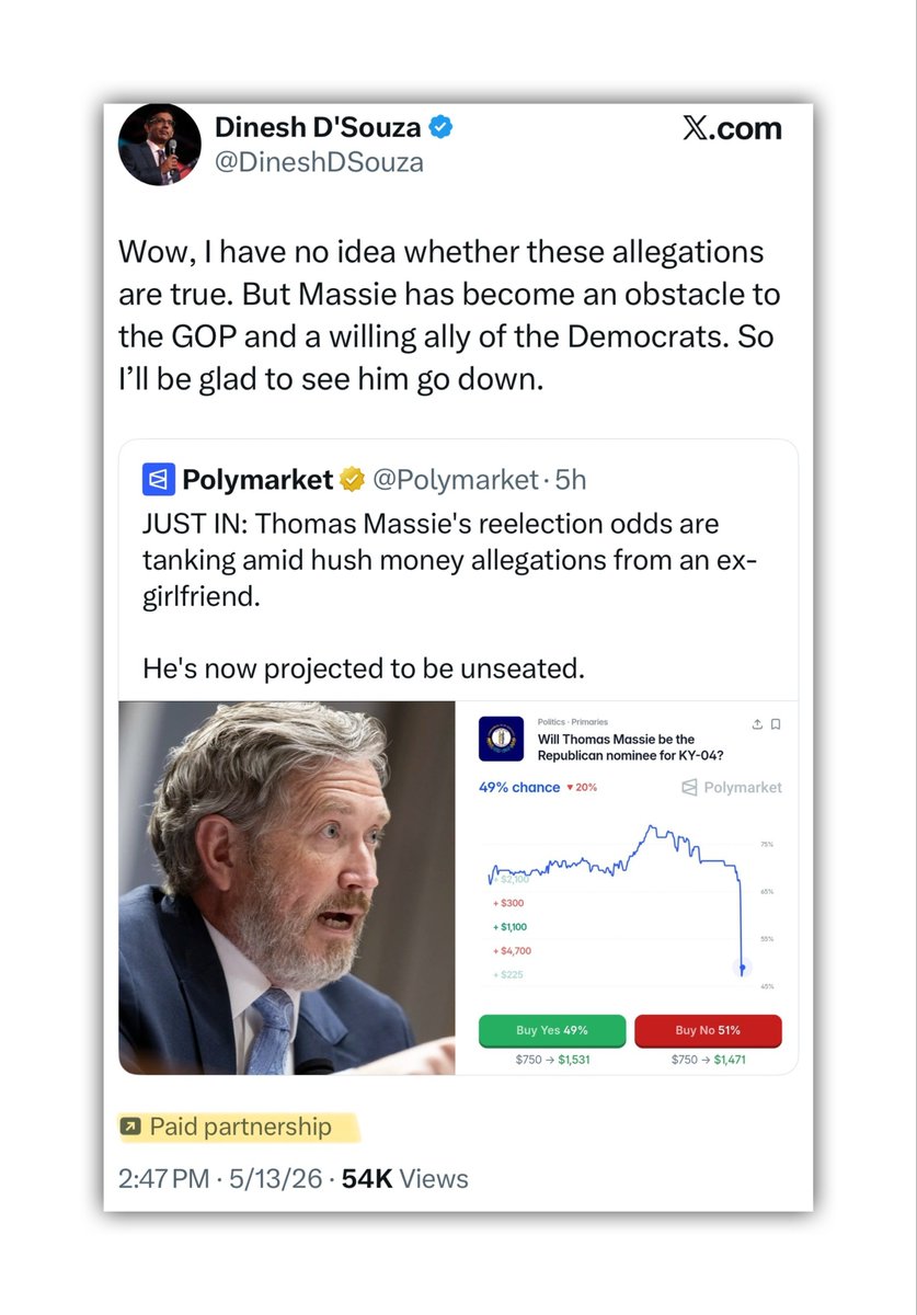 GenXGirl1994's tweet photo. Here’s Salem Media’s pro-Israel golden boy, Dinesh D’Souza posting a “paid partnership” of PolyMarket’s rigged prediction.

DO YOU UNDERSTAND THEY ALL WORK TOGETHER? https://t.co/uR4lMrSgS4