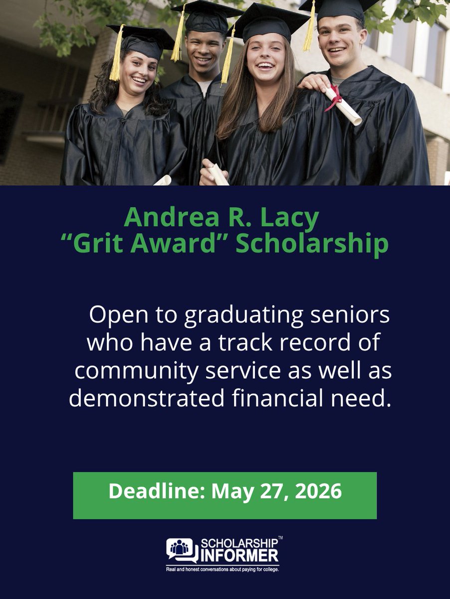 ScholarshipHQ's tweet photo. #Scholarship: Applicants must submit an essay describing their “grit story” and two letters of recommendation.

Due by May 27, 2026: https://t.co/K9ZYXni9gq

#OwnYourDegree #scholarships #scholarships2026 #grit #communityservice https://t.co/1qPkna8nXJ