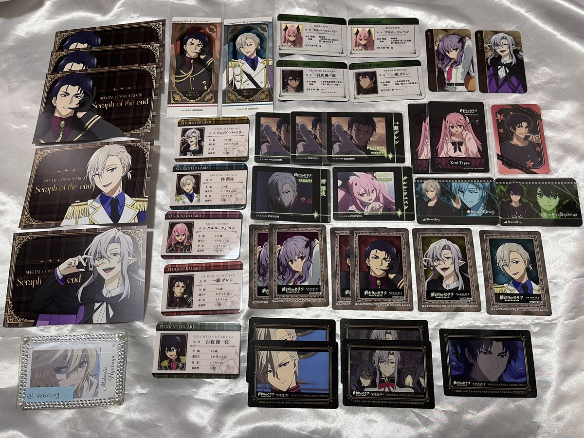 98620ng's tweet photo. 終わりのセラフ カラ鉄 カラオケの鉄人 交換 特典 学生証
【譲】優一郎 グレン 深夜 フェリド シノア クルル
【求】今弾同異種ミカエラ

ルームキー⇔特典複数提供等可能です
ルームキー、フォト風カード(横)を特に求めております
よろしくお願いいたします https://t.co/jJwkSQglYb