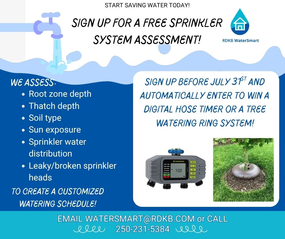 RDKBdotcom's tweet photo. 💧 Ready to level up your lawn game this summer?  

Residents in the Christina Lake, Fruitvale, and Rivervale water utilities can now book a FREE Sprinkler System Assessment with Brook, the RDKB WaterSmart Ambassador!

💦 Learn more: https://t.co/Xbbm5l5ZVP https://t.co/qsy6BRx63R