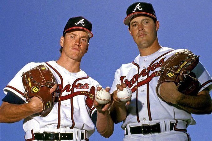 baseballinpix's tweet photo. Tom Glavine and Greg Maddux. The two won a combined 6 Cy Youngs during the 90s. 4 of those as teammates. https://t.co/xzELdQNr4j