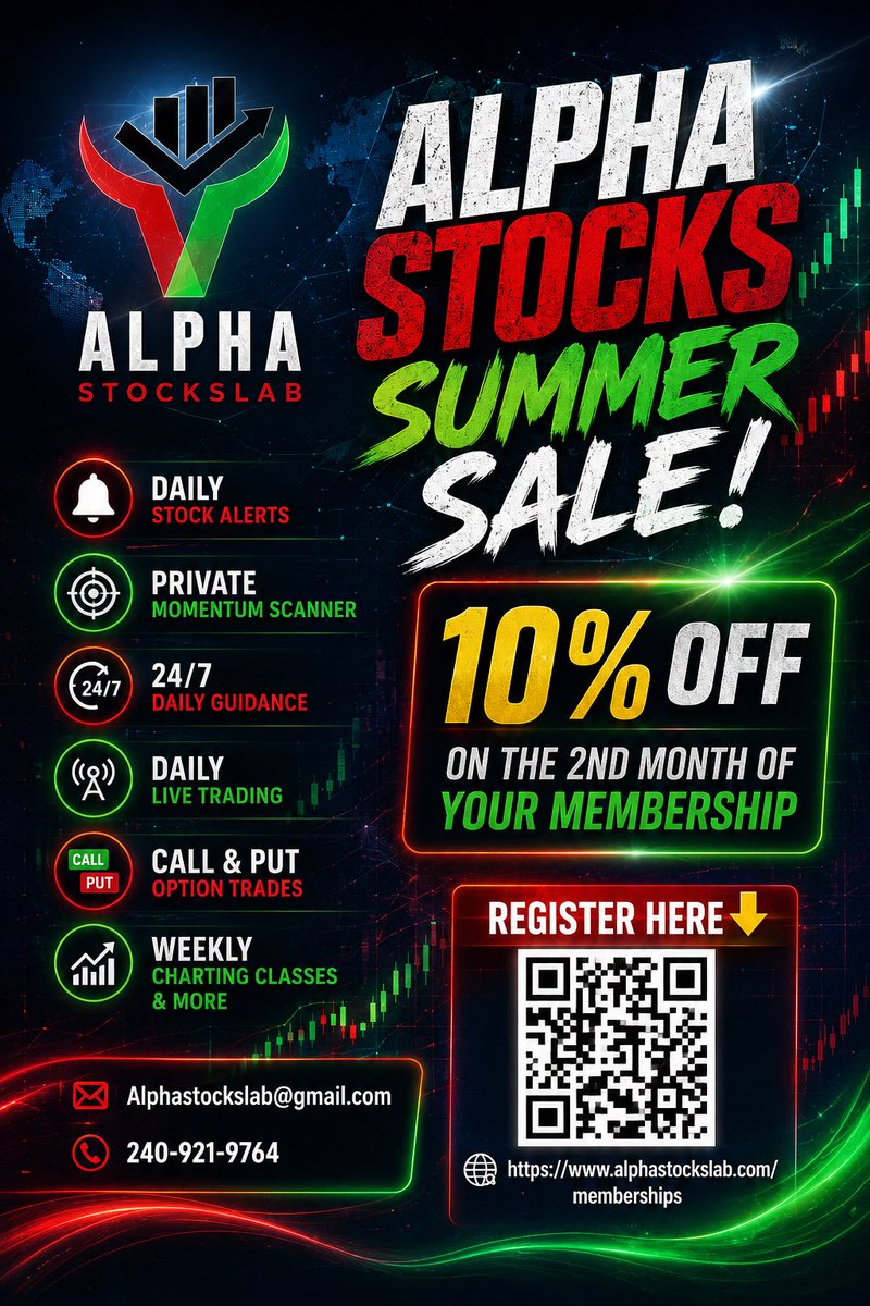 Alphastockslab's tweet photo. BREAKING🚨 Summer Sale for NEW members is ACTIVE. 

Another day on the books, and the Alpha Community continues to outperform the market & many traders because we focus on QUALITY of setups rather than quantity, which allows to our members a consistent & profitable career as they learn.

✅DAILY LIVE TRADING has become a LIFEA CHANGING for many. What are you waiting for to level up your career, and tackle those mistakes? JOIN NOW with our discount.
——————————————-

⬇️Sign up Below: ⬇
https://t.co/q5aRDF3CCL
🕊️X:
https://t.co/rcqigV2ray
🧩Facebook:
https://t.co/rbKaWKmfo0
📳Instagram:
https://t.co/RNKOHXg6gl

🎯We offer 1 on 1 coaching & Weekly Plays🎯
https://t.co/nndAFnaLM7

📈DAILY LIVE TRADING/ ALPHA PRO📈

https://t.co/P9ZHgetBnj

🔥Join the Alpha Community and you will have:🔥

✅ Daily Stock/Options Alerts
✅ Crypto Trade Ideas/ Alerts
✅ Beginners Course (Charts & Candlesticks)
✅ DAILY LIVE TRADING
✅ FULL Breakdown Entry’s & Exits
✅ BREAKING News Scanner & UNUSUAL Stocks
✅ Futures Community & LIVES
✅ and much more……

Make your money work for YOU, and stop working for MONEY

DISCLAIMER: All information provided is for educational purposes only. We are not an investment advisory service or a registered investment adviser or broker-dealer and does not purport to tell or suggest which securities or currencies customers should buy or sell for themselves. We may hold positions in the stocks, currencies or market instruments discussed here.

#usstockmarket #stonks #investment #growingup #thefuture stocks trading money finances stockmarket robinhood fidelity tdameritrade webull wsb stocks investing trading investing finance investor invest trader bussiness wallstreet bitcoin stocktips daytrader stockmarkets explore