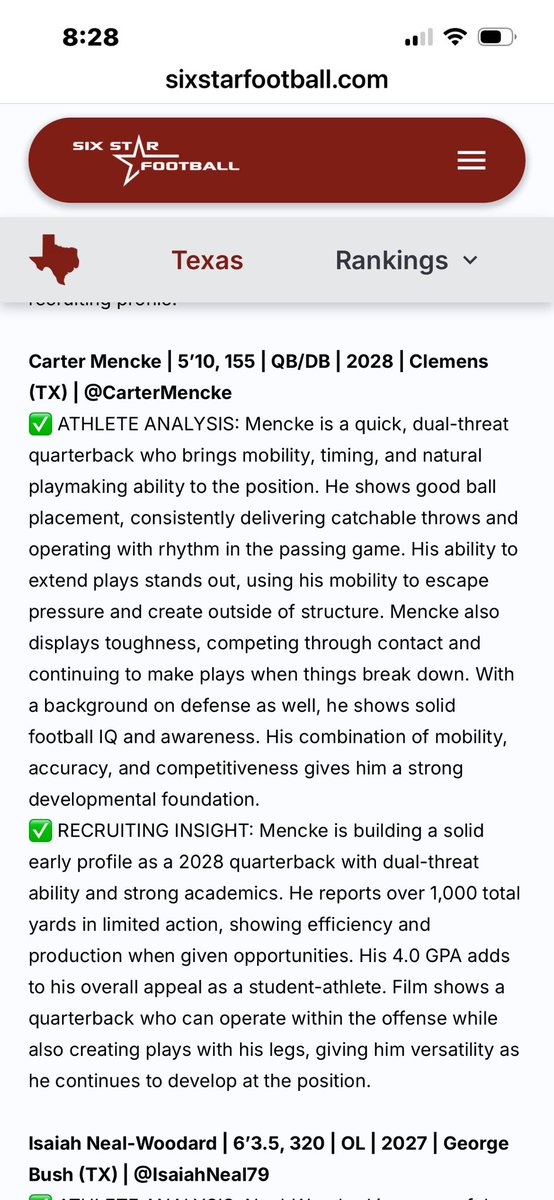 CarterMencke's tweet photo. Thank you @sixstarfootball for giving me another write up, appreciate the 2nd one💯💯

@210Preps @nicholasDgraham @Grattan65 @BDammone @DBCoachMcGraw @JeffHecklinski @CoachYzaguirre @iam_alinedouard @Coach_AHill @adamgorney @TFloss32 @dctf @PrepRedzoneTX @Perroni247 @LoneStarPrepsTX