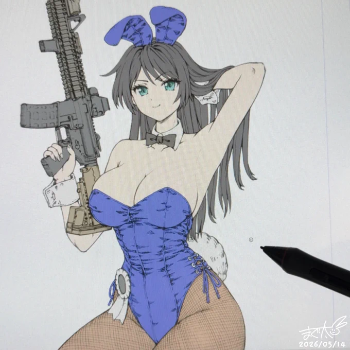 #skeb #wip #あの子がバニーガール #skeb_bunny 依頼者様のうちの子さん 「M4カービンを持った黒髪長身なバニーさん」 色塗り中
