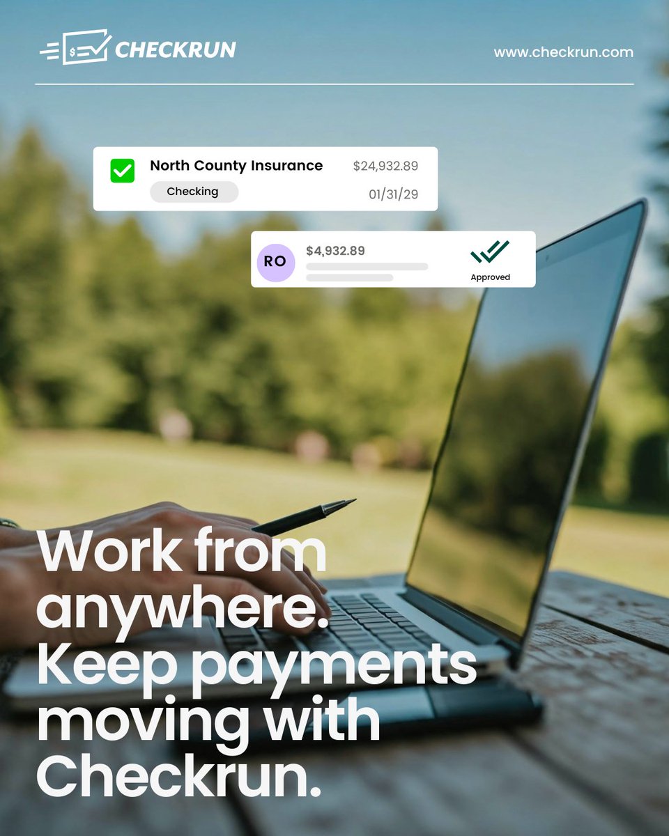 CheckrunChecks's tweet photo. Checkrun gives finance teams the ability to securely manage, approve, and print checks remotely—without relying on manual office processes.

Work from anywhere. Keep payments moving.

Get started today: https://t.co/JsNmo8w4t6 https://t.co/DRRZySKwLu
