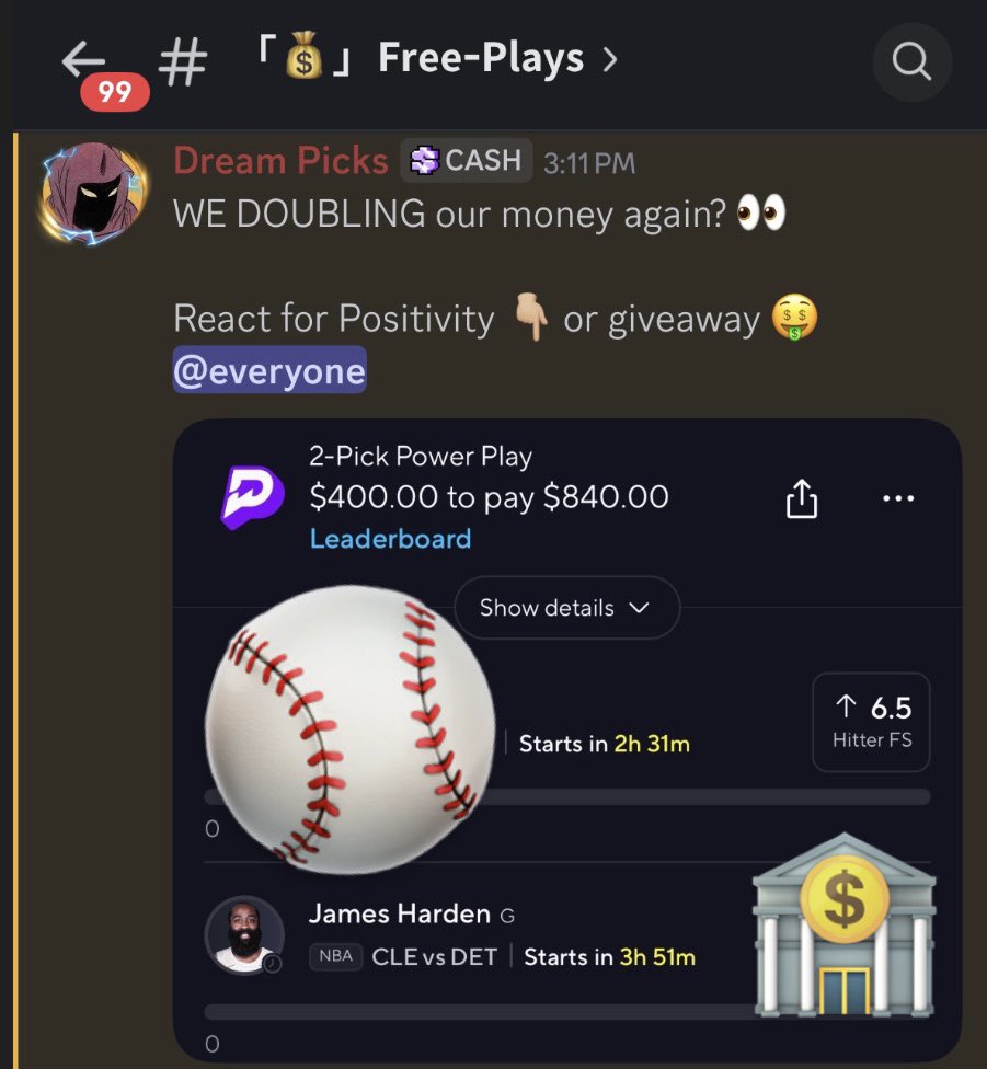DreamPicksVIP's tweet photo. IM FEELING GOOD TODAY💰‼️

RUN some Likes💜 &amp; RT 🔁 IF I SHOULD DO A BIG GIVEAWAY TN💰 

🚨Btw FOR FREE, you can get NOW: 👇🏼

- FREE double money Play🏦
- FREE Goblin Sheet 🧟
- FREE Giveaway💰

All in our FREE DISCORD group!!!!
⬇️⬇️⬇️⬇️⬇️⬇️⬇️

https://t.co/md5ojMhwJp https://t.co/cWCBplIJNT