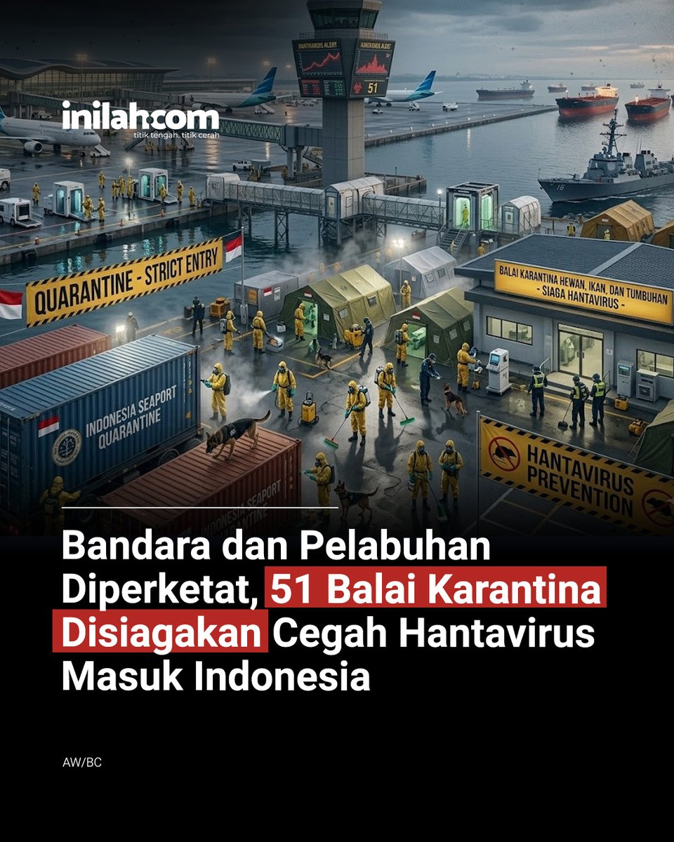 inilahdotcom's tweet photo. Pemerintah memperketat pengawasan di seluruh pintu masuk internasional Indonesia menyusul meningkatnya kewaspadaan terhadap penyebaran Hantavirus.

Sebanyak 51 Balai Kekarantinaan Kesehatan (BKK) juga telah disiagakan di bandara dan pelabuhan internasional untuk menyaring pelaku perjalanan dari luar negeri.

-

Selengkapnya kunjungi website dengan klik link di bio atau download aplikasi di AppStore dan Google Play Store.

#InilahNews #Hantavirus #Inilahcom #TitikTengah #TitikCerah
