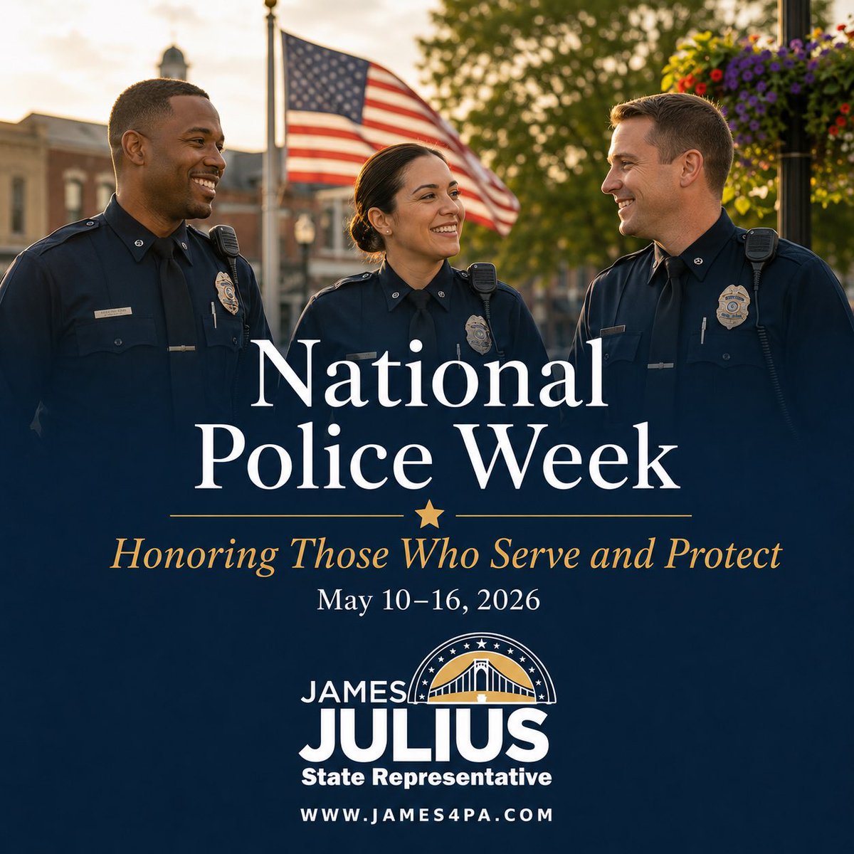 JamesJuliusPA's tweet photo. During National Police Week, we honor the men and women of law enforcement who serve with courage and sacrifice.

We remember those who gave their lives in the line of duty, pray for their families, and thank every officer who continues to protect our communities.

#NationalPoliceWeek