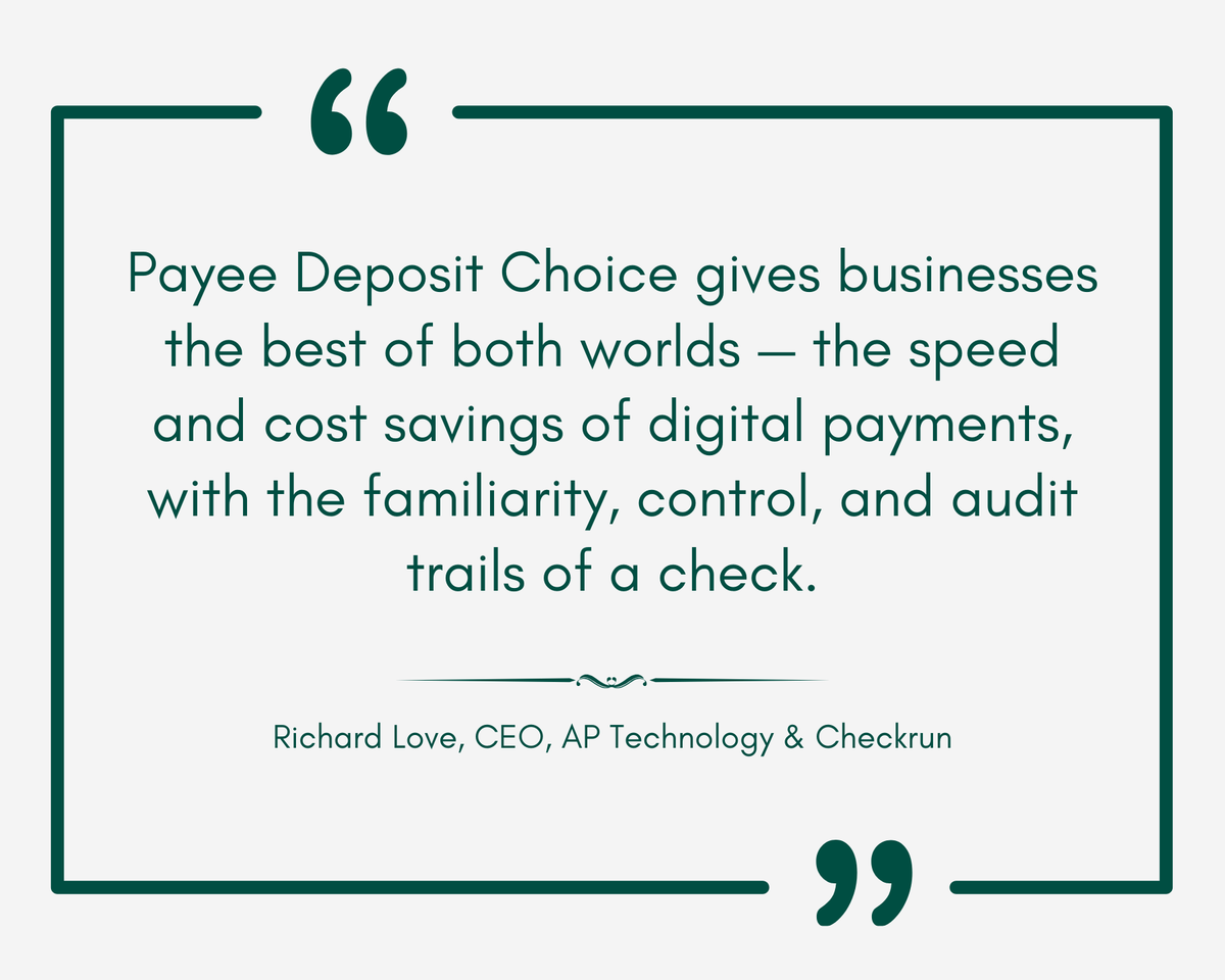 CheckrunChecks's tweet photo. Let vendors choose how they get paid—without changing how you operate. Payee Deposit Choice lets them choose— while you keep a single, simple workflow

Here’s how it works: https://t.co/bUXFpXtsRF https://t.co/L77Q4zdnWZ